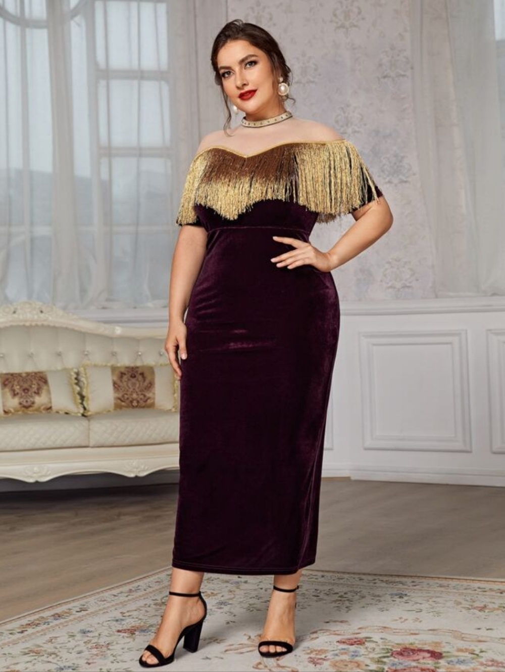 Purple Velvet Gold Tassel Curvy Dress Sz 2XL